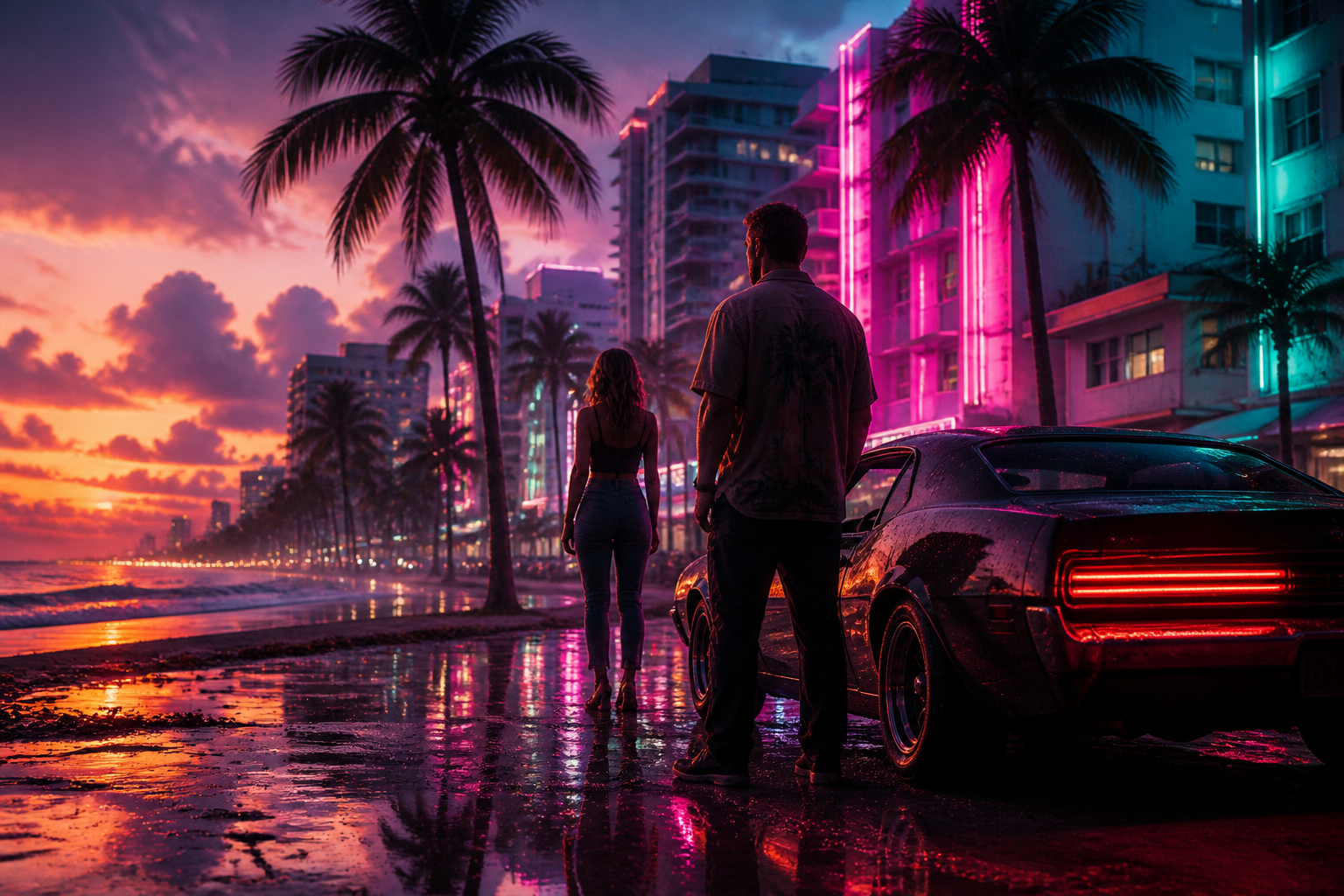 Editorial illustration for: GTA 6 Launch Trailer Drops — 90 Seconds of Jason, Lucia, and a New Justice Single